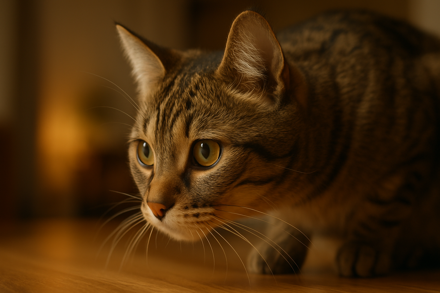 머리를 숙여 냄새를 맡는 고양이 이미지