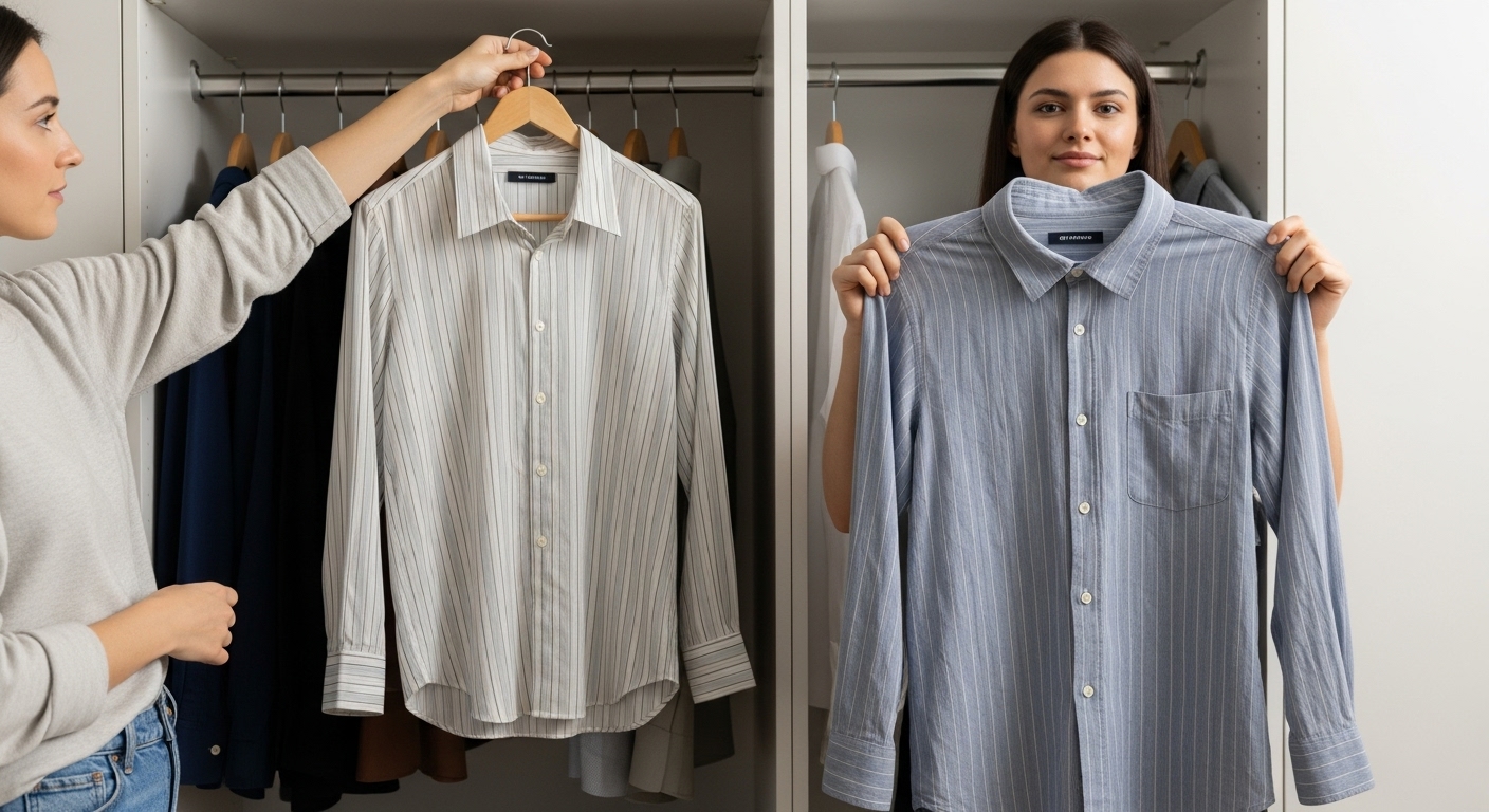 한 사람이 '하나 사면 하나 버리기' 원칙에 따라 새 옷을 옷장에 넣으며 기존 옷을 꺼내고 있는 모습.