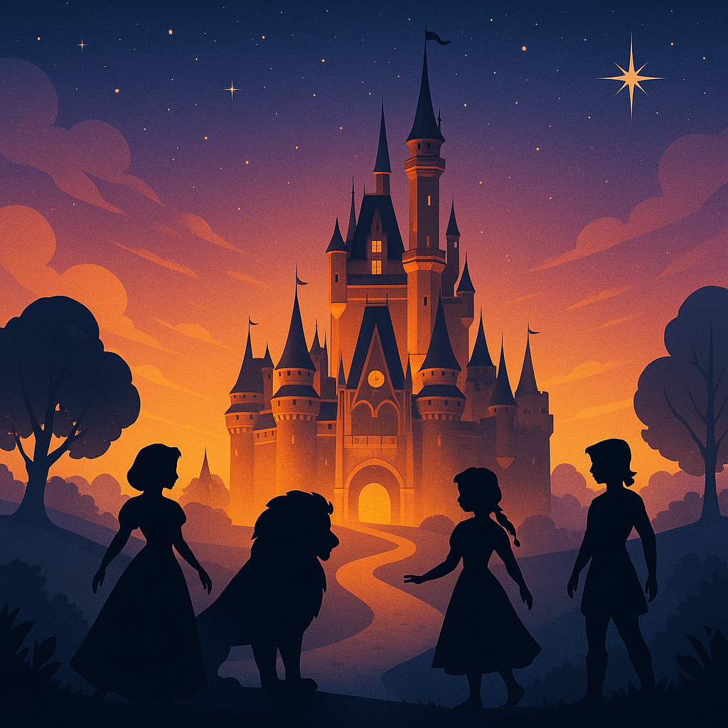 마법 같은 왕국을 배경으로 고전풍과 현대풍 캐릭터 실루엣이 어우러진 이미지