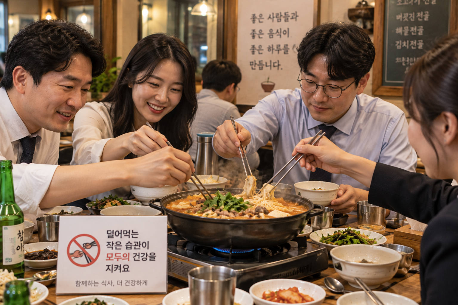 직장 동료들과 음식을 함께 먹는 회식 자리