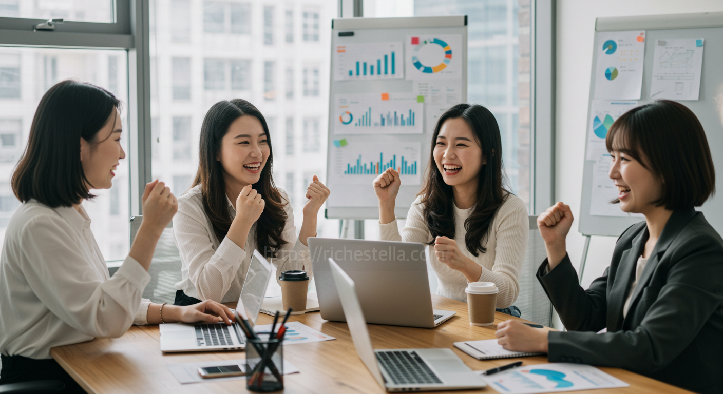새로운 사업 도전에 성공한 청년 스타트업팀이 회의를 하는 모습, 모두 환하게 웃고 있다