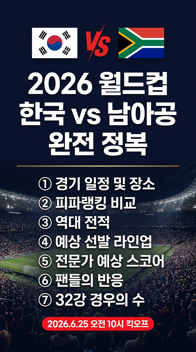 2026 월드컵 한국, 남아공전 경기시간, 피파랭킹 비교, 역대 전적, 선발 라인업, 예상 스코어, 반응, 32강 경우의 수 총정리