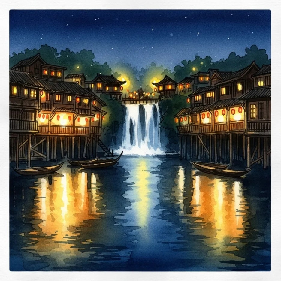 불빛으로 물든 부용진 마을의 아름다운 밤 풍경