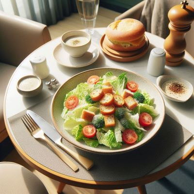 시저 샐러드가 식탁에 차려져 있다.