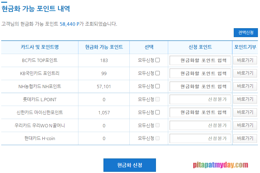 현금화 가능한 포인트 내역 확인