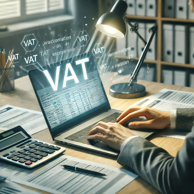 책상위에서 노트북을 하고 있는 손. 화면에 VAT라고 표기되어있다.