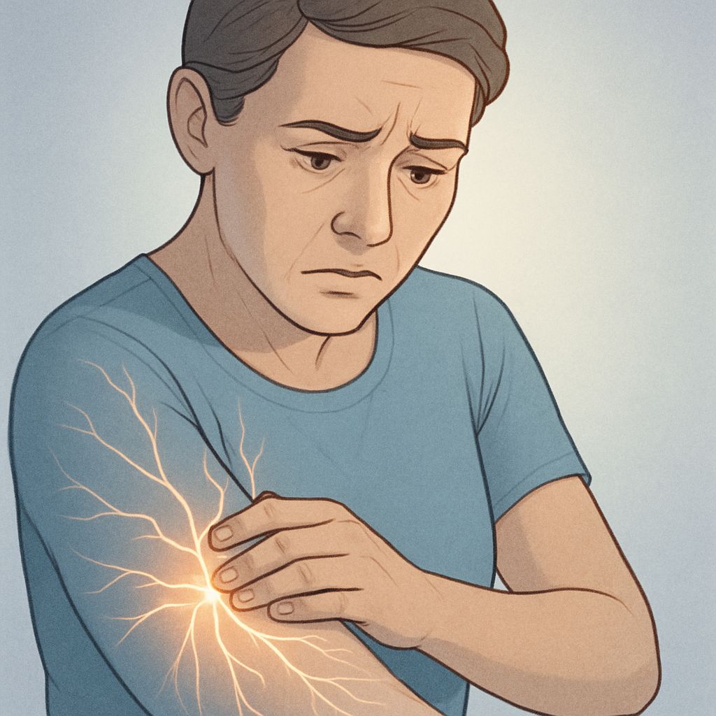 걱정스러운 표정으로 팔을 살며시 만지는 사람