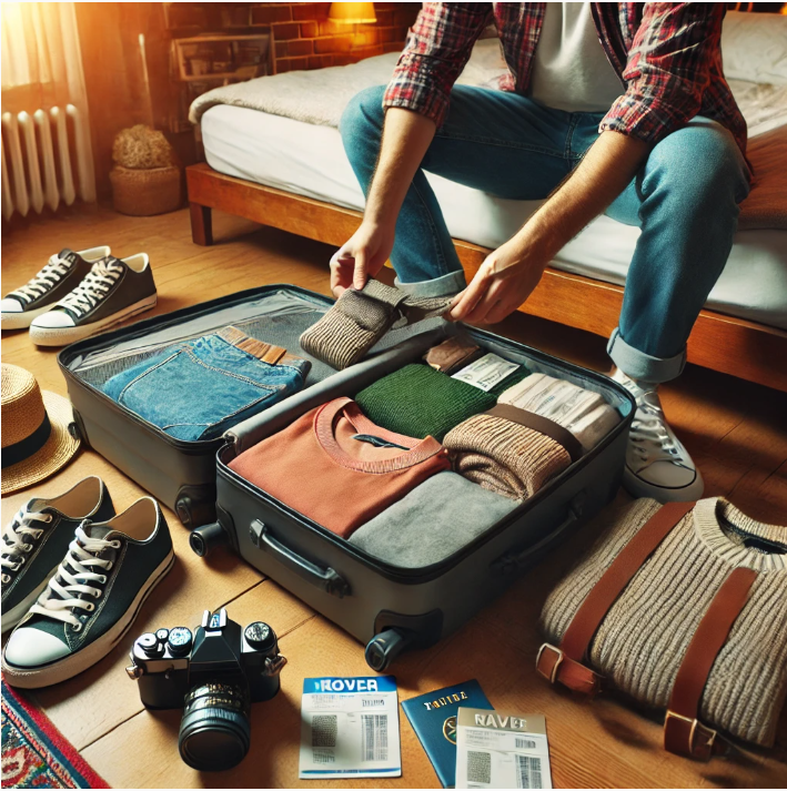 여행 캐리어를 펼쳐놓고 여행준비하는 모습