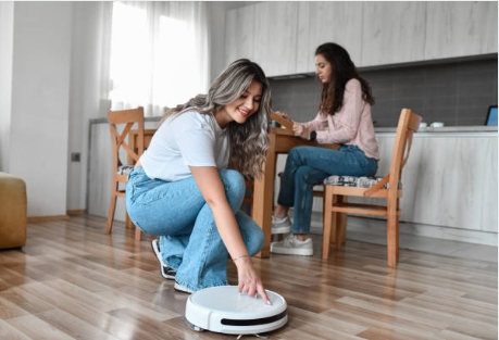 알아서 바닥 청소를 깔끔하게 해주는 로봇청소기의 모습