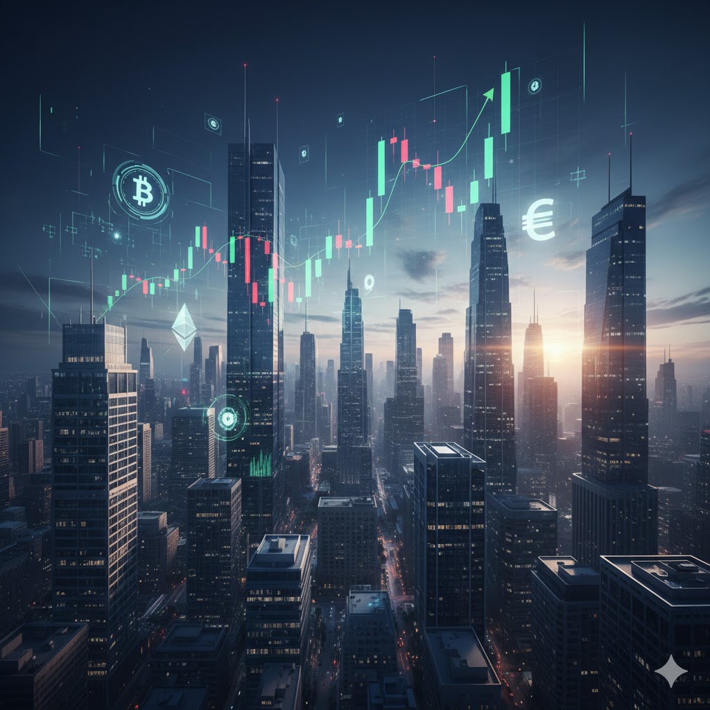 [A sophisticated digital financial visualization showing a futuristic city skyline overlaid with glowing holographic stock charts and digital asset icons like Bitcoin and Ethereum symbols, high-tech professional blue and gold lighting.]