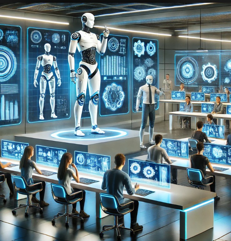 사람들이 로봇 아카데미의 강의실에서 로봇을 가운데 두고 연구하는 모습 (예상 이미지)