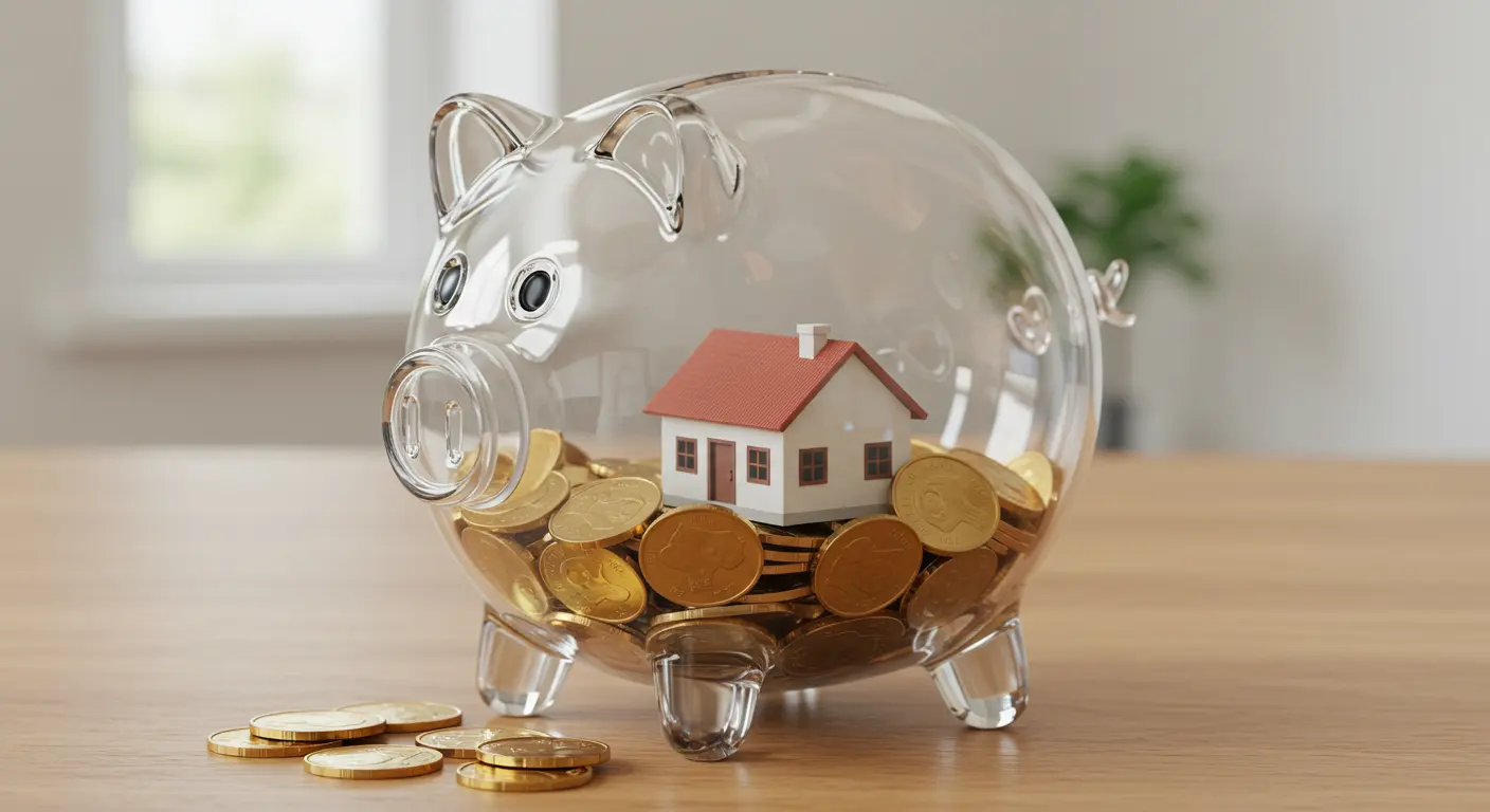 저금통 안의 집 모형을 통해 저축을 상징하는 이미지