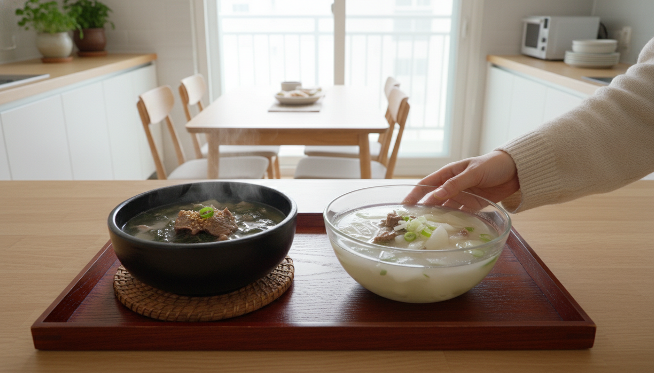 현대 한국 주방에서 소고기 미역국과 무국 두 가지 요리가 예쁘게 담겨 있는 모습.