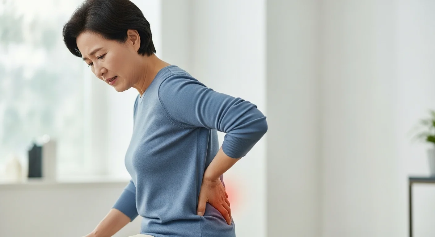 허리 통증과 다리 저림을 느끼며 척추 건강을 염려하는 중년 한국인의 모습.