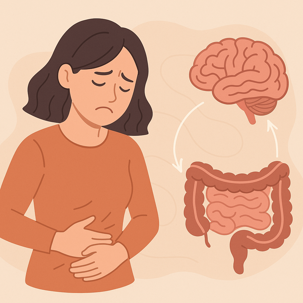 스트레스를 받는 여성 캐릭터가 배를 움켜쥐고 고민하는 모습(출처**자체제작)