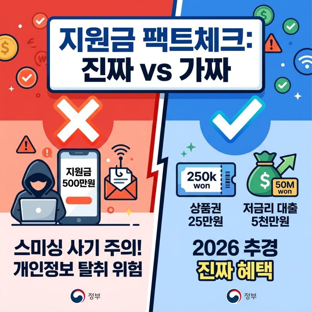 지원금 팩트체크: 진짜 vs 가짜 티스토리 썸네일. 왼쪽은 빨간색 배경에 대형 'X' 아이콘과 스미싱 사기꾼 아이콘, "지원금 500만원 사기 주의!" 문구가 있다. 오른쪽은 파란색 배경에 대형 '✓' 체크마크와 상품권 25만원, 저금리 대출 5천만원 아이콘, "2026 추경 진짜 혜택" 문구가 있다. 상단에 "지원금 팩트체크: 진짜 vs 가짜"