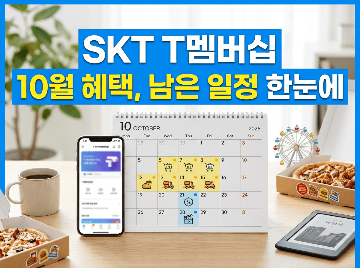 10월 달력과 스마트폰 혜택 화면을 배치한 SKT T멤버십 10월 혜택 대표 이미지