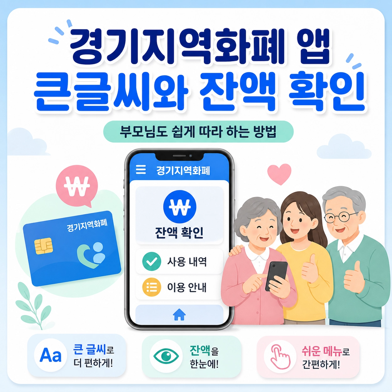 경기지역화폐 앱 큰글씨 설정과 잔액 확인을 안내하는 카드
