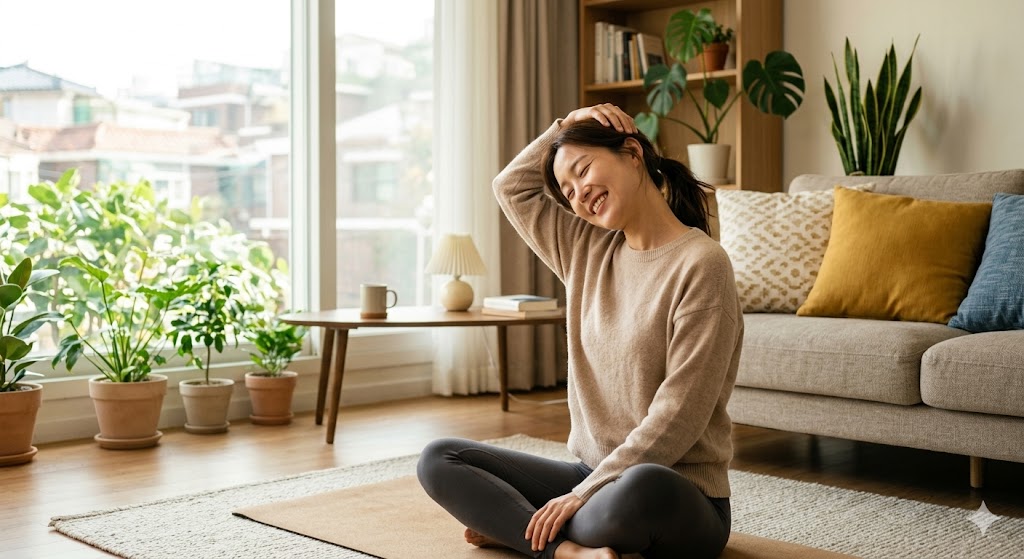 밝은 거실에서 여성이 목을 가볍게 스트레칭하며 미소 짓는 편안한 모습