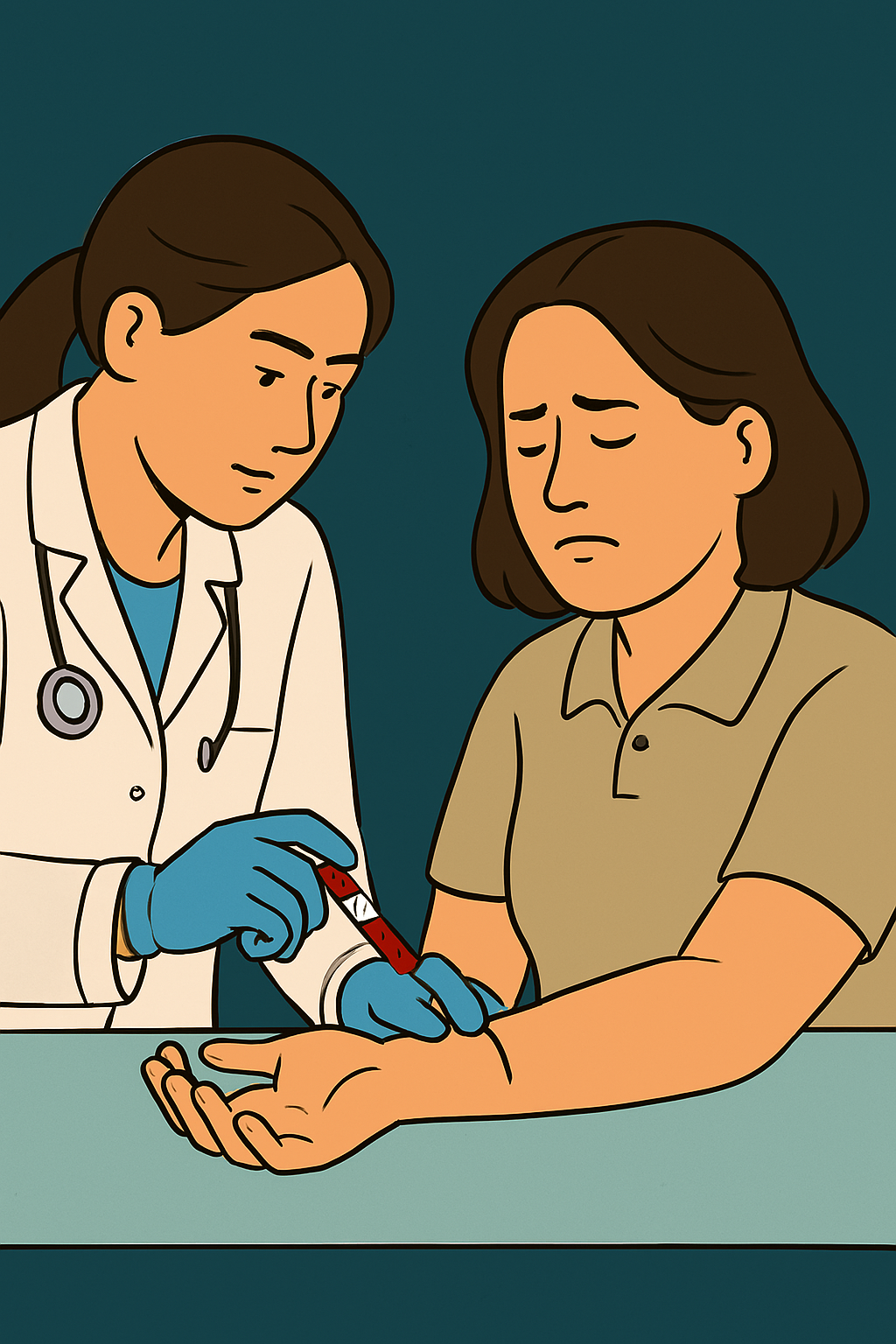 혈액검사를 받고있는 여성이며
왼편에는 의사, 오른편에 환자가 있음
