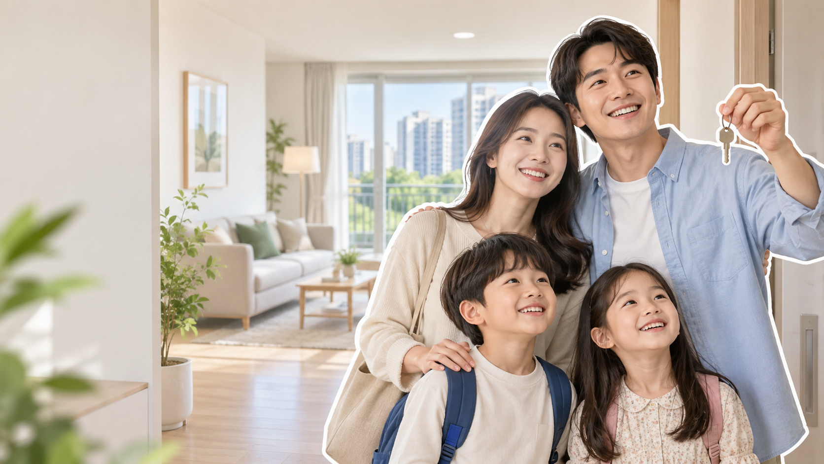 새로운 임대주택에서 열쇠를 들고 있는 부모와 두 자녀