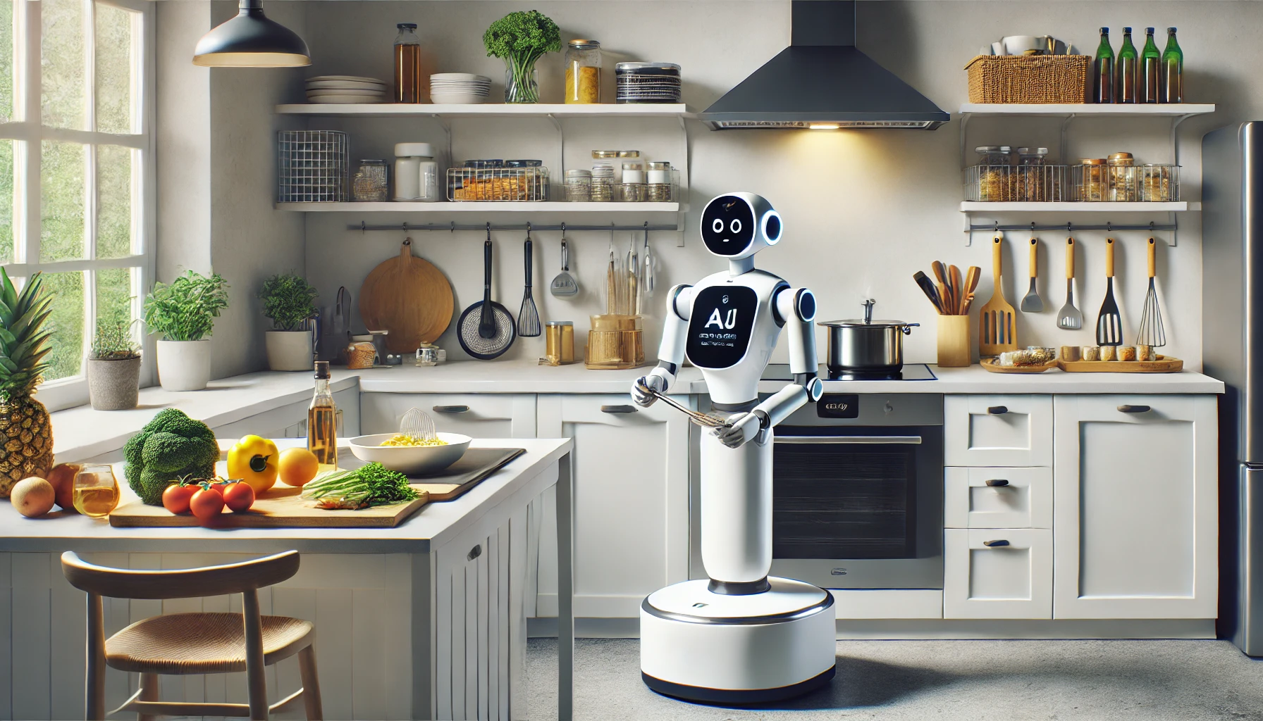 현대 주방에서 요리 중인 AI 주방 로봇