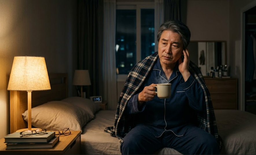 귀에서 이명이 들려 잠 못이루는 시니어 사진