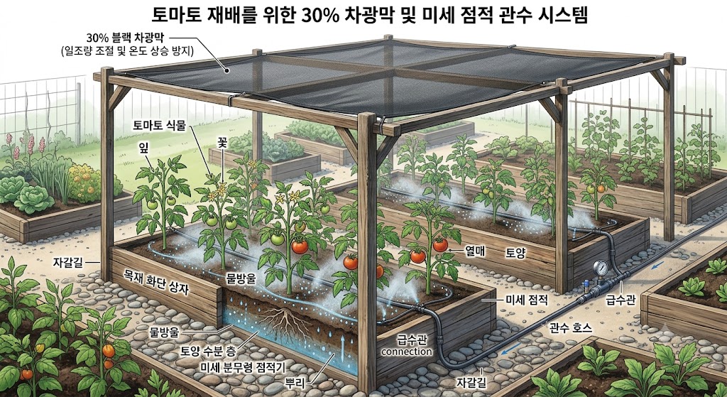 나무 플랜트 화분 위에 설치된 30% 차광막과 흙 표면을 따라 정밀하게 물을 공급하고 있는 점적 관수 테이프의 작동 모습 상세 삽화