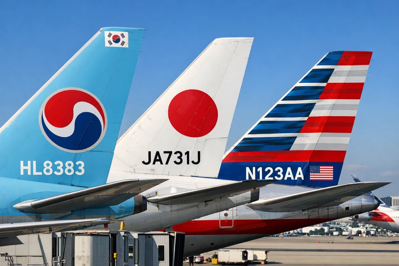 맑은 하늘 아래 국제공항 계류장에 주기된 여러 항공기 꼬리 부분을 클로즈업한 사진으로, 대한항공 HL8383, 일본 항공 JA731J, 미국 항공기 N123AA 등록기호가 선명하게 보인다.