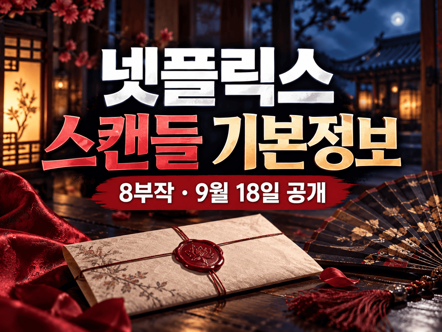 조선시대의 봉인된 서신과 비단 부채를 중심으로 2026년 넷플릭스 시리즈 스캔들의 기본정보를 한눈에 보여주는 대표 이미지