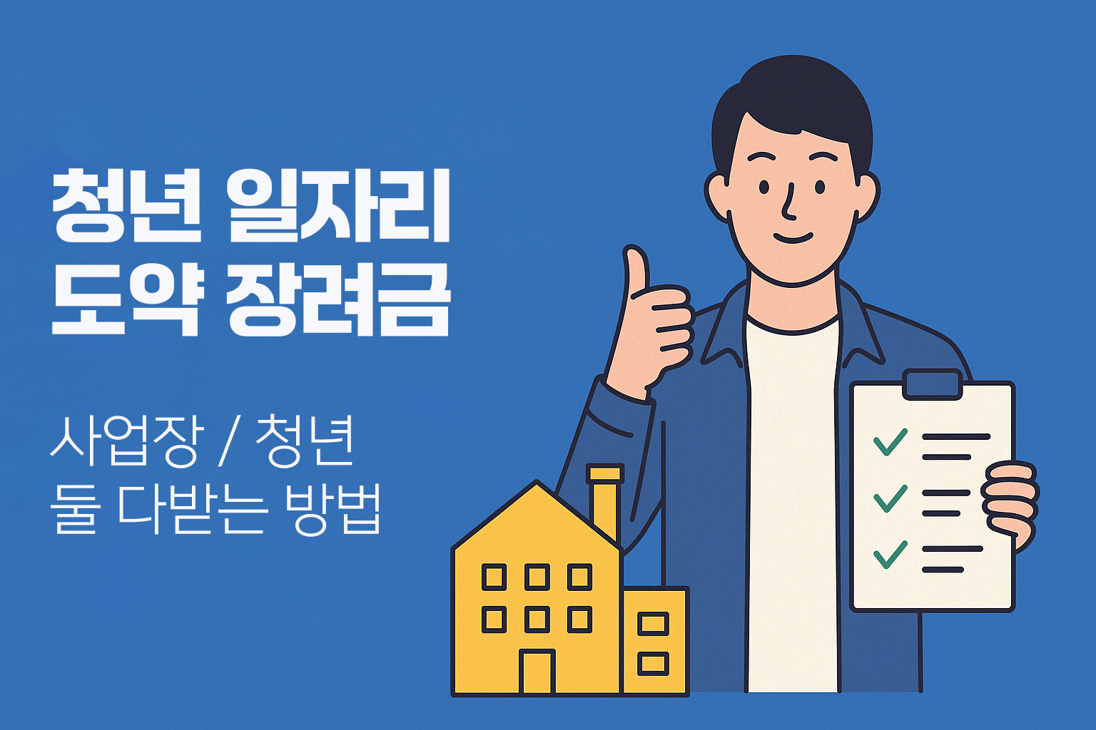 청년 일자리 도약 장려금 – 사업장/청년 둘 다 받는 방법 - 파란 배경에 왼쪽은 안내 텍스트, 오른쪽에는 체크리스트를 든 청년과 공장 아이콘이 함께 배치된 정보 이미지