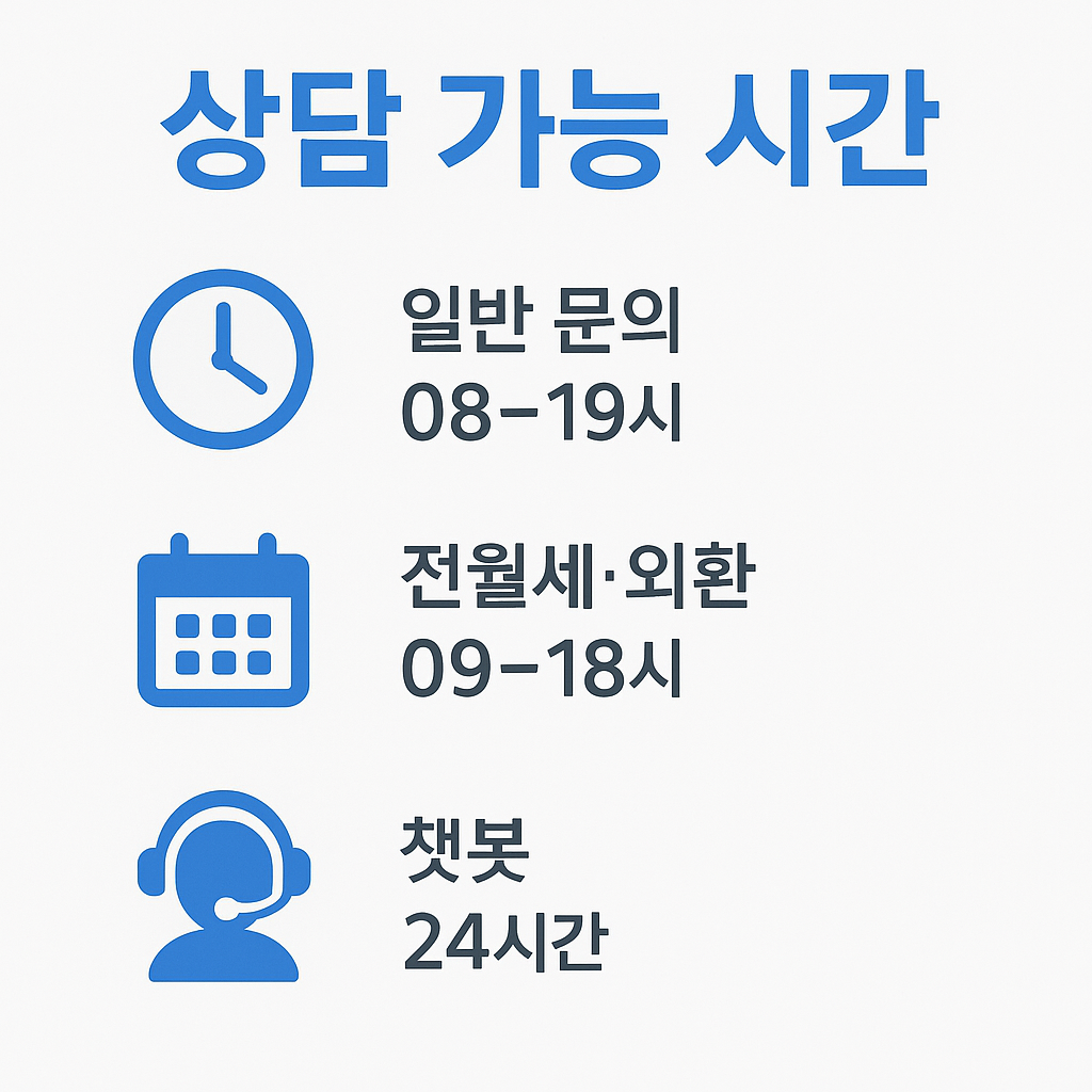 카카오뱅크 고객센터 일반 문의, 전월세&middot;외환 상담, 챗봇 상담 가능 시간을 직관적으로 보여주는 안내 이미지