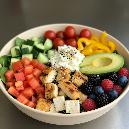신선한 채소, 과일, 그리고 단백질이 담긴 다채로운 색상의 샐러드 볼 이미지입니다. 건강한 식습관이 피부 건강에 미치는 긍정적인 영향을 보여줍니다.