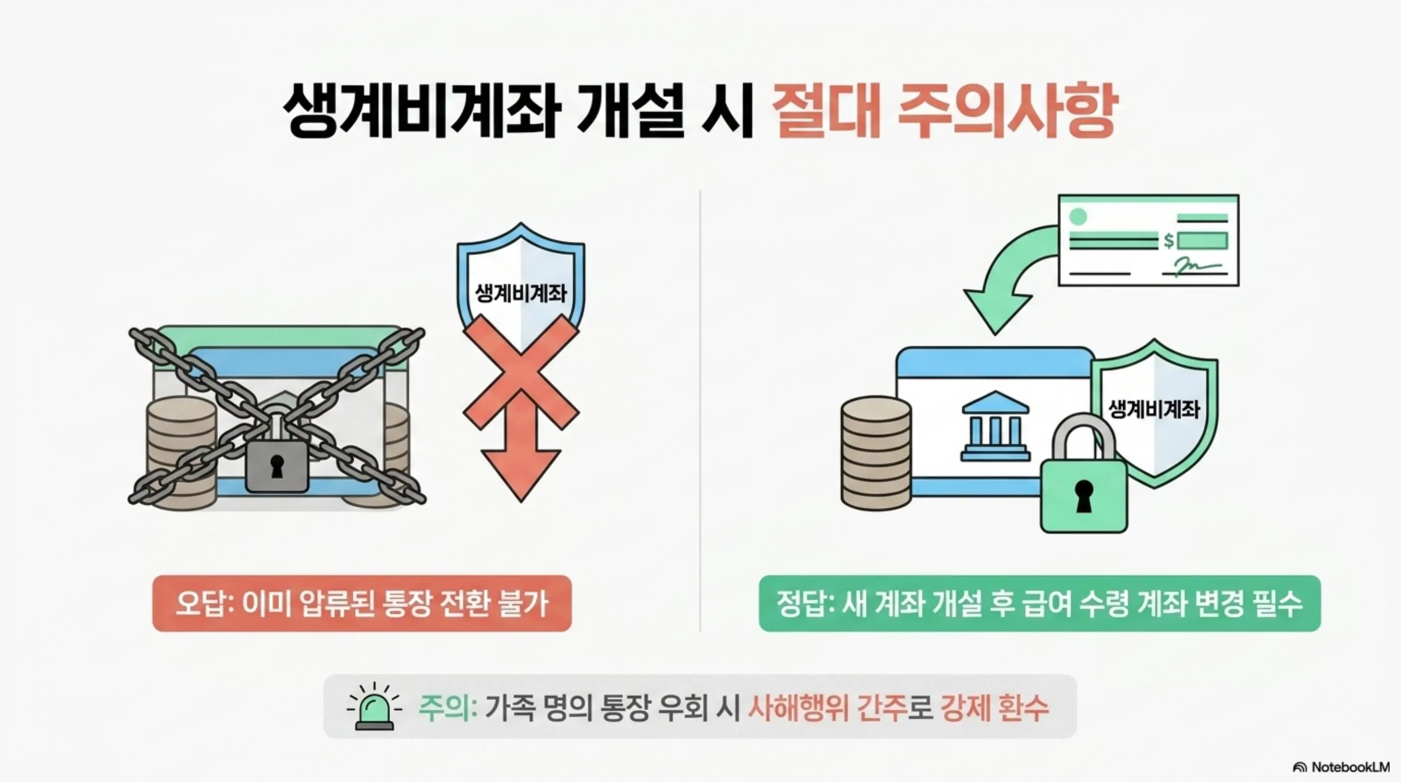 세금체납 통장압류 피하는법: 생계비계좌 개설 시 절대 주의사항이라는 제목의 인포그래픽. 왼쪽에는 자물쇠와 사슬에 묶인 통장 위에 엑스 표시로 이미 압류된 통장 전환 불가라는 오답을 보여주고 오른쪽에는 새 계좌 개설 후 급여 수령 계좌 변경 필수라는 정답을 보여주며 하단에 가족 명의 통장 우회 시 사해행위 간주로 강제 환수라는 경고를 포함하여 블로그의 생계비계좌 개설 시 주의사항과 관련된 내용을 설명함 