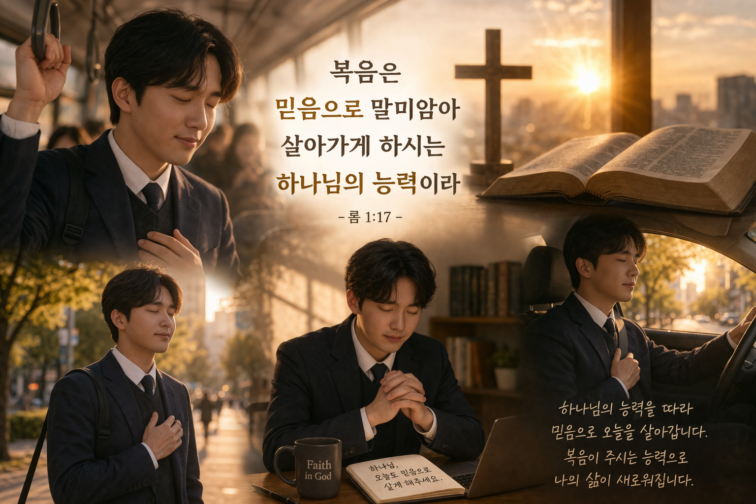 롬1:17 말씀에서 복음이 우리로 하여금 믿음으로 말미암아 살아가게 하시는 하나님의 능력이 되심을 기억하며 그 하나님의 능력을 따라 믿음으로 살아가기 위해 일상에서 믿음의 삶을 위한 숨기도를 하는 모습입니다.