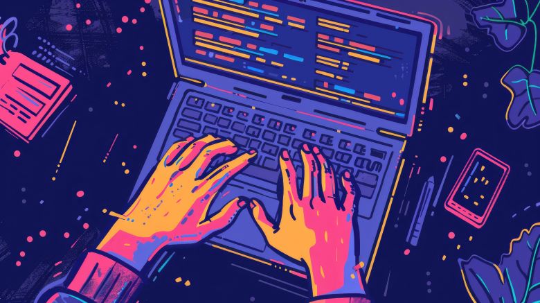 노트북 화면에 형광색 코드가 표시되고 양손으로 타이핑하는 모습, 주변에 스마트폰과 문서가 있는 네온 스타일의 프로그래밍 작업 일러스트 via freepik