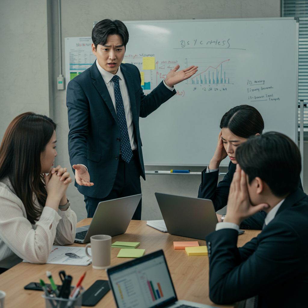 회의 중 좌절한 표정을 짓고 있는 직원들이 있는 한국 사무실 장면