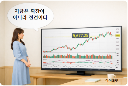 코스피 5,677.25 고점 구간에서 구조 점검 장면
