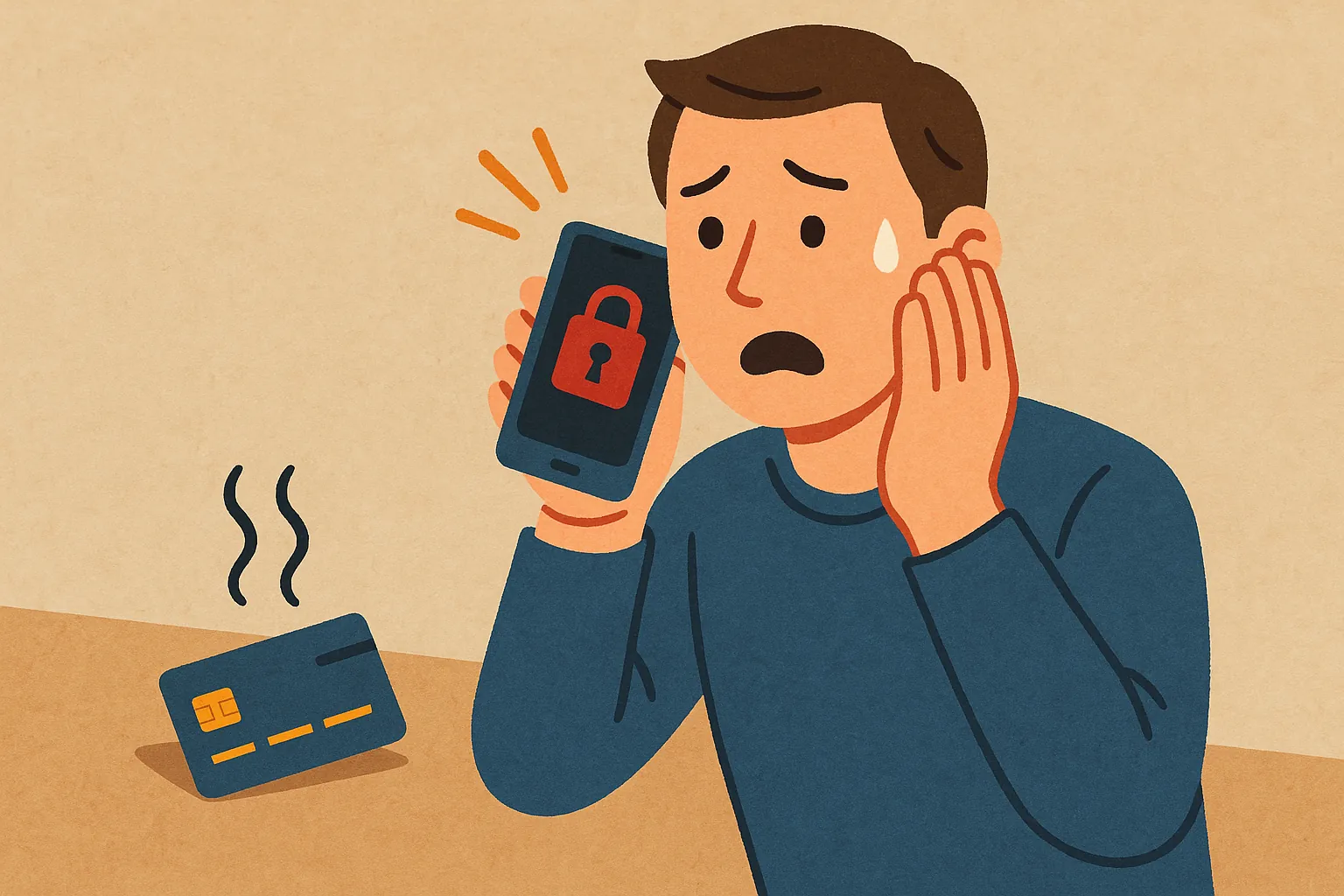 분실된-신용카드와-잠금-화면을-확인하며-당황하는-남성-일러스트