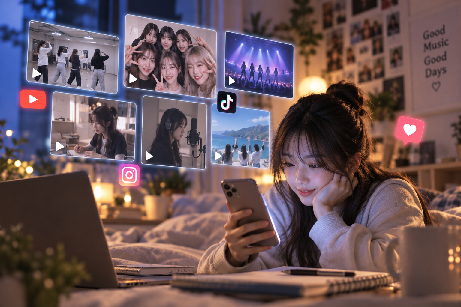 SNS에서 화려한 성공 콘텐츠를 바라보는 모습을 표현한 AI이미지