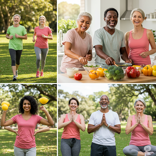 다양한 중년들이 걷기, 식사 준비, 운동과 같은 건강한 활동을 하는 모습