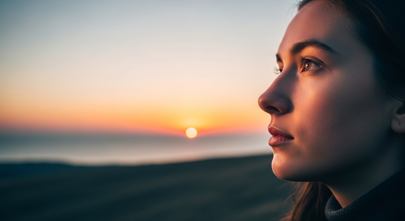 청소년이 밝은 풍경을 바라보며 회복과 희망을 상징하는 모습.