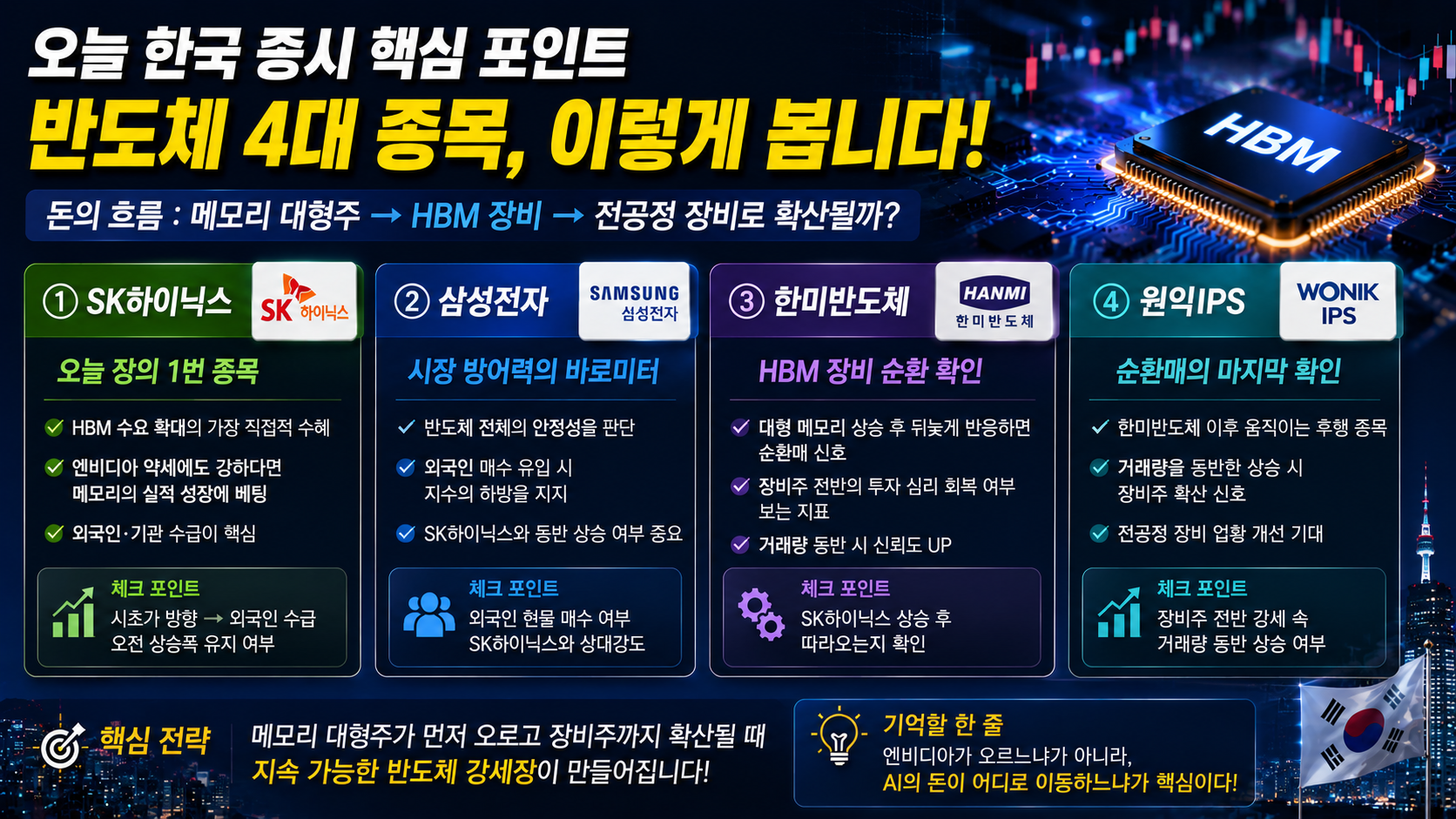 삼성전자 SK하이닉스 한미반도체 원익IPS 전망 메모리 HBM 반도체 장비주 돈의 이동