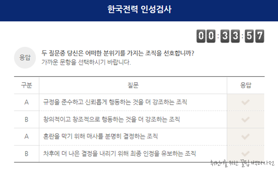 한전 인성검사 후기 - 조직 적합성 관련 문항