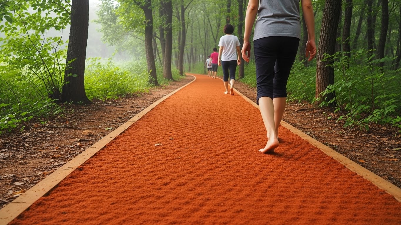 맨발로 걷기 좋게 조성된 범어숲의 황톳길. 부드러운 흙길을 걸으며 자연을 느끼는 사람들의 모습.