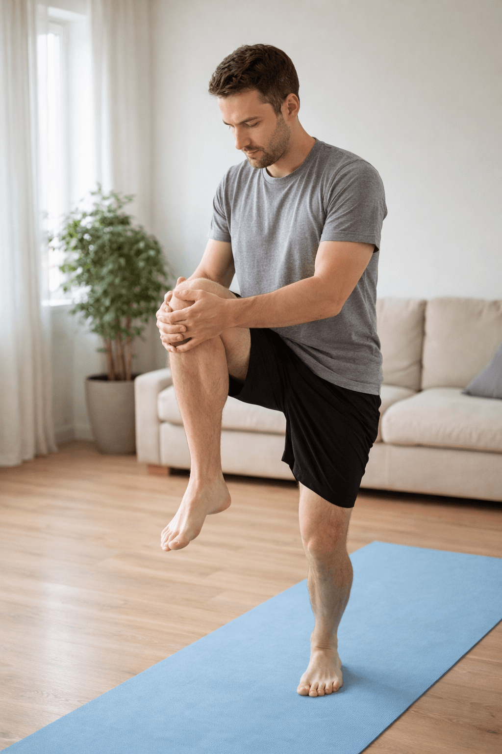 남자가 스트레칭 하는 장면