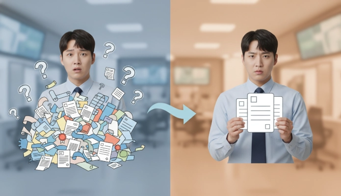 복잡한 서류 더미 속에서 혼란스러워하는 한국인과 간결하게 정리된 필수 서류를 들고 있는 한국인을 보여주는 인포그래픽. 긴급복지 서류 준비의 효율성을 시각적으로 표현합니다.