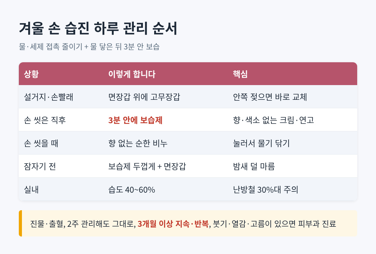 손 습진 관리 순서표: 물 닿은 뒤 3분 안 보습, 면장갑 위 고무장갑, 향 없는 비누, 3개월 이상 반복 시 피부과