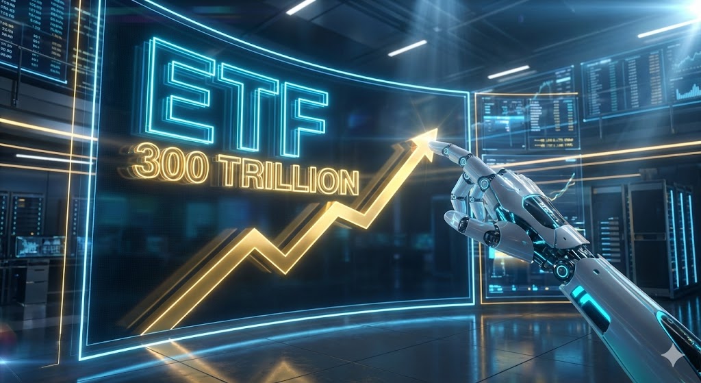 디지털 화면에 'ETF 300조 돌파' 문구와 함께 로봇 팔이 주가 그래프를 끌어올리는 화려하고 미래 지향적인 이미지