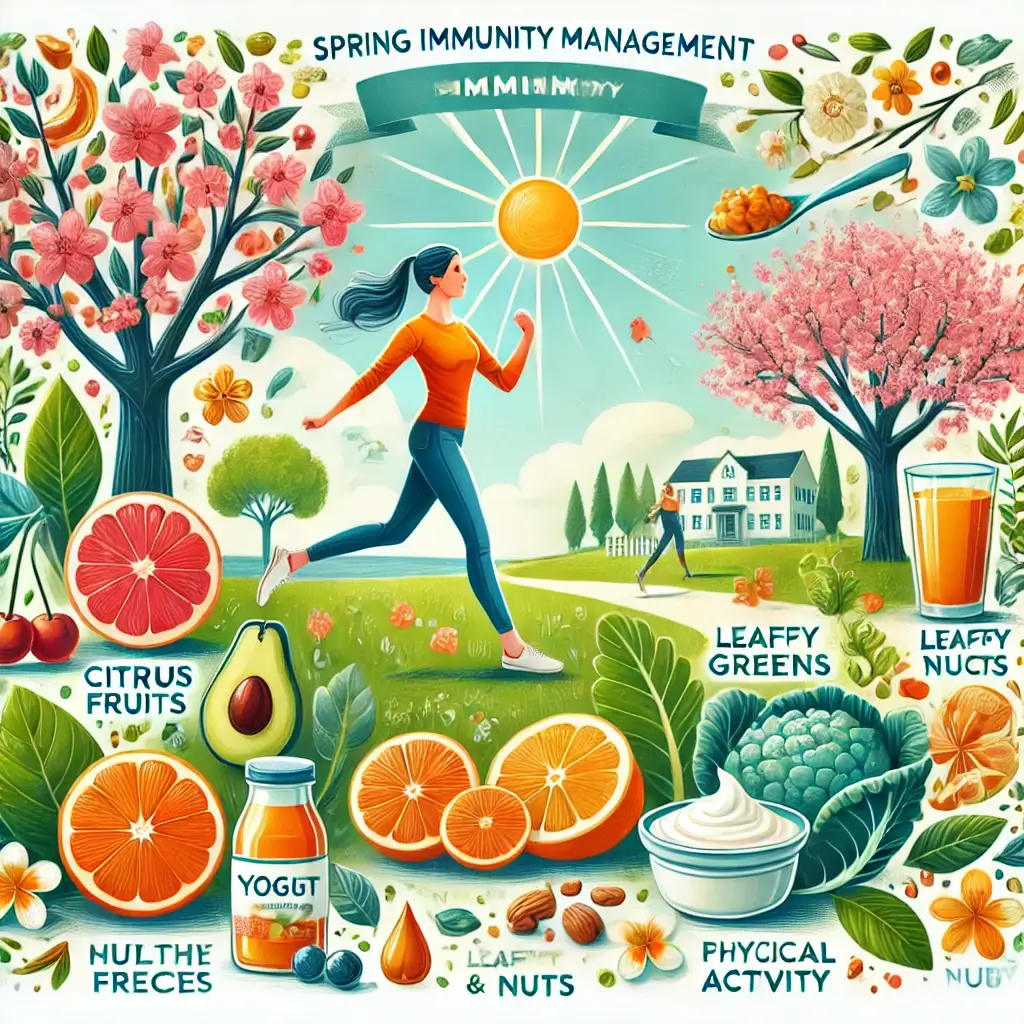 면역력 강화를 위해 운동하고, 면역력 강화에 좋은 음식 아보카도, 비타민C가 풍부한 쥬스, 야채 종류등이 있으며 한 여성이 열심히 조깅하는 모습을 보여주는 이미지